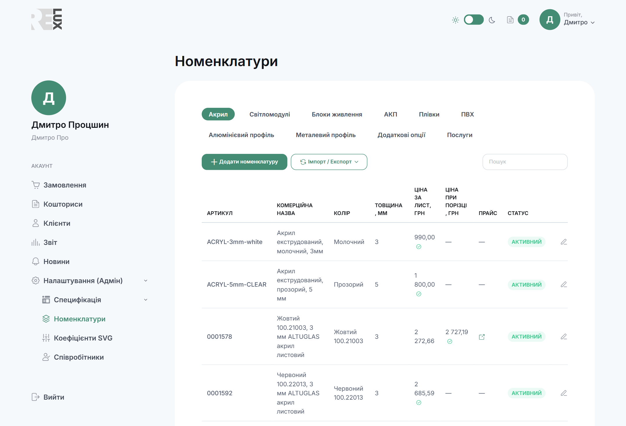 Розділ «Номенклатури», перемикання категорій
